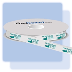 Homewood Suites custom-printed 5/8" wide, white double face satin ribbon with metallic teal logo. Price is per roll/100 yards, #1221727.