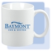 Baymont Inn & Suites 11-ounce C-handle white ceramic coffee mug with blue Baymont Inn & Suites logo