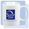 Sleep Inn 11-ounce C-handle white ceramic coffee mug with violet Sleep Inn logo