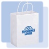 CUSTOM:  8" x 4.75" x 10.5" White Kraft shopping bag, No. 765-1WKS0810WHT