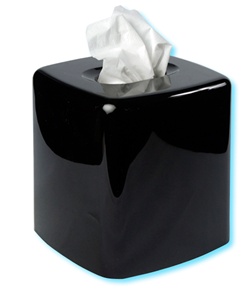 Plastic boutique tissue box cover in white, ivory or black.