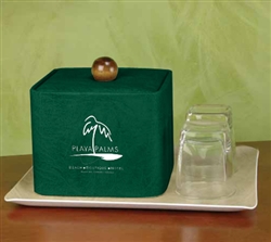 Custom-imprinted 3 qt. Glamour line leather square ice bucket. Price per case