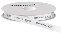 SpringHill Suites custom-printed 5/8" wide, white double face satin ribbon with metallic black logo. Price is per roll/100 yards, #1221726.
