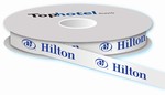 Hilton custom-printed 5/8" wide, white double face satin ribbon with blue logo. Price is per roll/100 yards, #1221730.