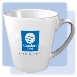 12-ounce, white, latte ceramic mug with 1-color Comfort Inn logo on both sides.