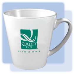 12-ounce, white, latte ceramic mug with 1-color Quality Inn logo on both sides.