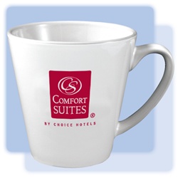 12-ounce, white, latte ceramic mug with 1-color Comfort Suites logo on both sides.