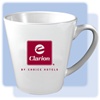 12-ounce, white, latte ceramic mug with 1-color Clarion logo on both sides.