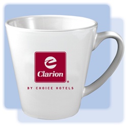 12-ounce, white, latte ceramic mug with 1-color Clarion logo on both sides.