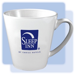 12-ounce, white, latte ceramic mug with 1-color Sleep Inn logo on both sides.