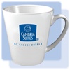 12-ounce, white, latte ceramic mug with 1-color Cambria Suites logo on both sides.