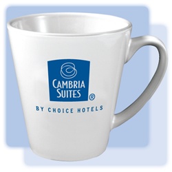 12-ounce, white, latte ceramic mug with 1-color Cambria Suites logo on both sides.