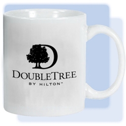 Doubletree 11-ounce C-handle white ceramic coffee mug with teal green Doubletree logo