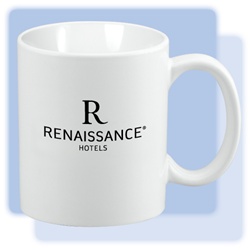 Renaissance &nbsp;11-ounce C-handle white ceramic coffee mug with black Renaissance Suites logo. Perfect for meeting rooms or as low-cost gifts. Minimum order: 72 pcs.