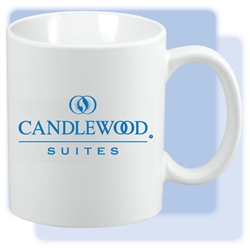 Candlewood Suites 11-ounce C-handle white ceramic coffee mug with blue Candlewood Suites logo. Perfect for meeting rooms or as low-cost gifts. Minimum order: 72 pcs.