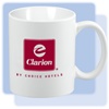 Clarion 11-ounce C-handle white ceramic coffee mug with red Clarion logo