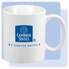 Cambria Suites 11-ounce C-handle white ceramic coffee mug with blue Cambria Suites logo