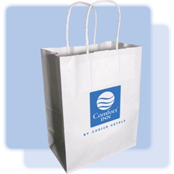 Comfort Inn medium paper gift bag, white kraft paper bag with white twisted paper handles and 1-color Comfort Inn logo.