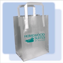 Homewood Suites frosted shopping bag, high-density frosted plastic bag with fused handles and 1-color metallic teal Homewood Suites logo.