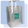 Quality Inn frosted shopping bag. High-density frosted plastic bag with fused handles and cardboard bottom insert.