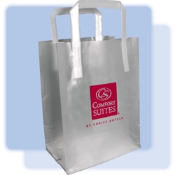 Comfort Suites frosted shopping bag. High-density frosted plastic bag with fused handles and cardboard bottom insert.