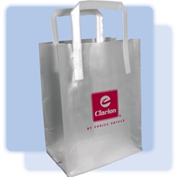 Clarion frosted shopping bag. High-density frosted plastic bag with fused handles and cardboard bottom insert.