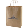 Hilton Grand Vacations brown shopping bag, 10" x 5" x 13.5".   Recycled shopping bags  include an imprint of Hilton Grand Vacations logo  in blue on one side.