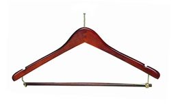 Men's contour suit hanger with lockbar, walnut finish with ball top hook, brass, #493-34281