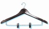 Ladies' contour suit hanger with clips, dark walnut finish with mini hook, brass, #493-35292