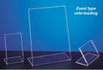 Acrylic sign stand, slanted easel style loads from sides; 5-1/2" wide x 3-1/2" high, #497-561. Cost is per case of 24 pcs.