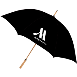 Marriott Hotels & Resorts guest umbrella with natural wood golf handle. BLACK #662-A501C/01BLK