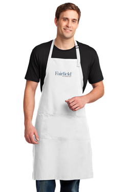 Restaurant-standard 65/35 poly/cotton twill bib apron. Durable 7.5-ounce, sliding neck adjustment, three patch pockets. 30" w x 31". Impressively embroidered with the Fairfield Inn or Fairfield Inn & Suites logo.