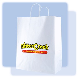 Multi-color custom logo 13" x 6" x 15.75" white kraft shopping bag, No. 765-1WKS1315WHT/MC